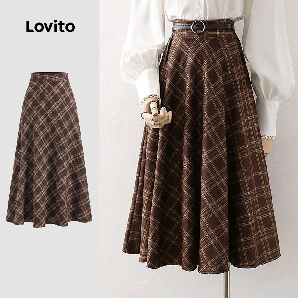 Lovito Saia elegante com costura em tecido xadrez para mulheres LBL22556 em Oferta na Shopee