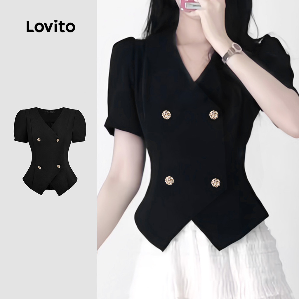 Lovito Blusa Elegante Com Botões Assimétricos Primavera/verão Blusa Preta Para Mulheres LB135ED416 em Oferta na Shopee