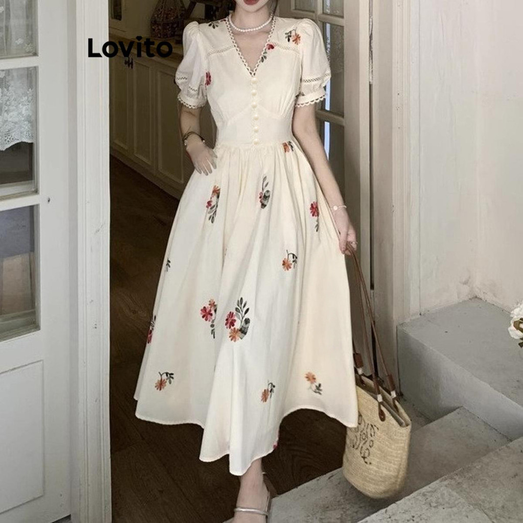 Lovito Vestido Casual Com Strass E Flores Vestido Floral Para Mulheres LNM72002