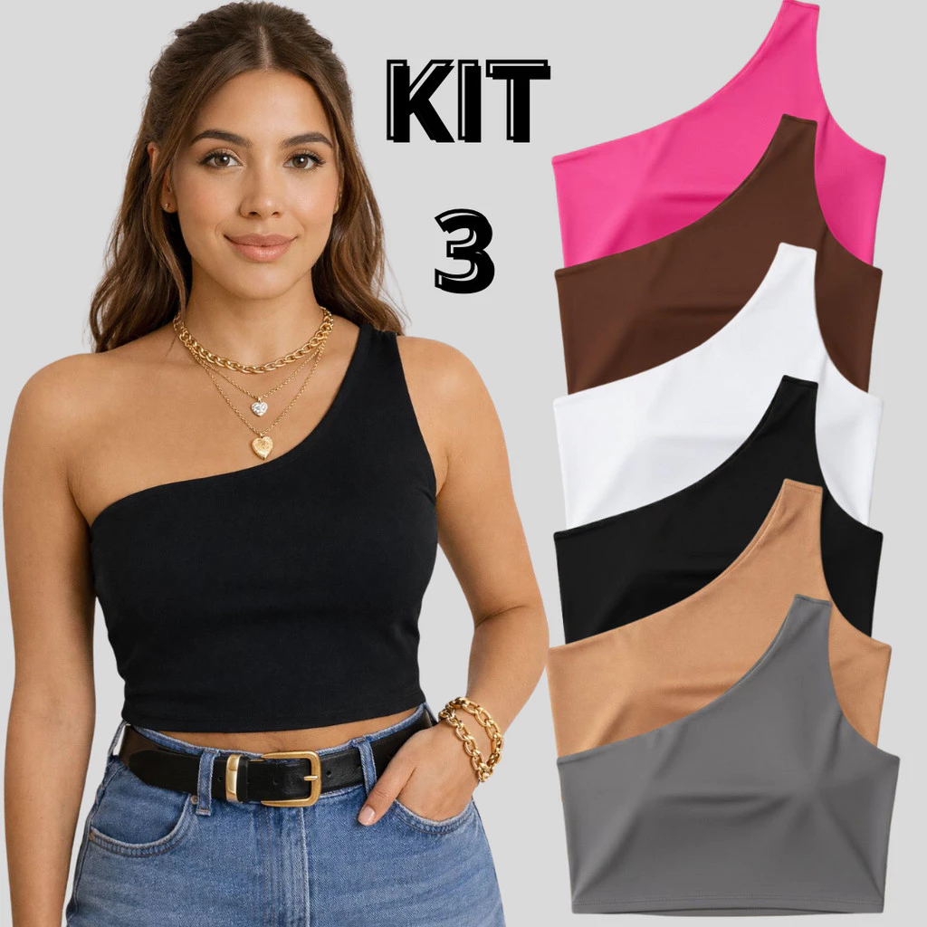 Kit 3 Croppeds nula manga forrado Um Ombro Só colorida Malha Suplex carnaval — imagem 1