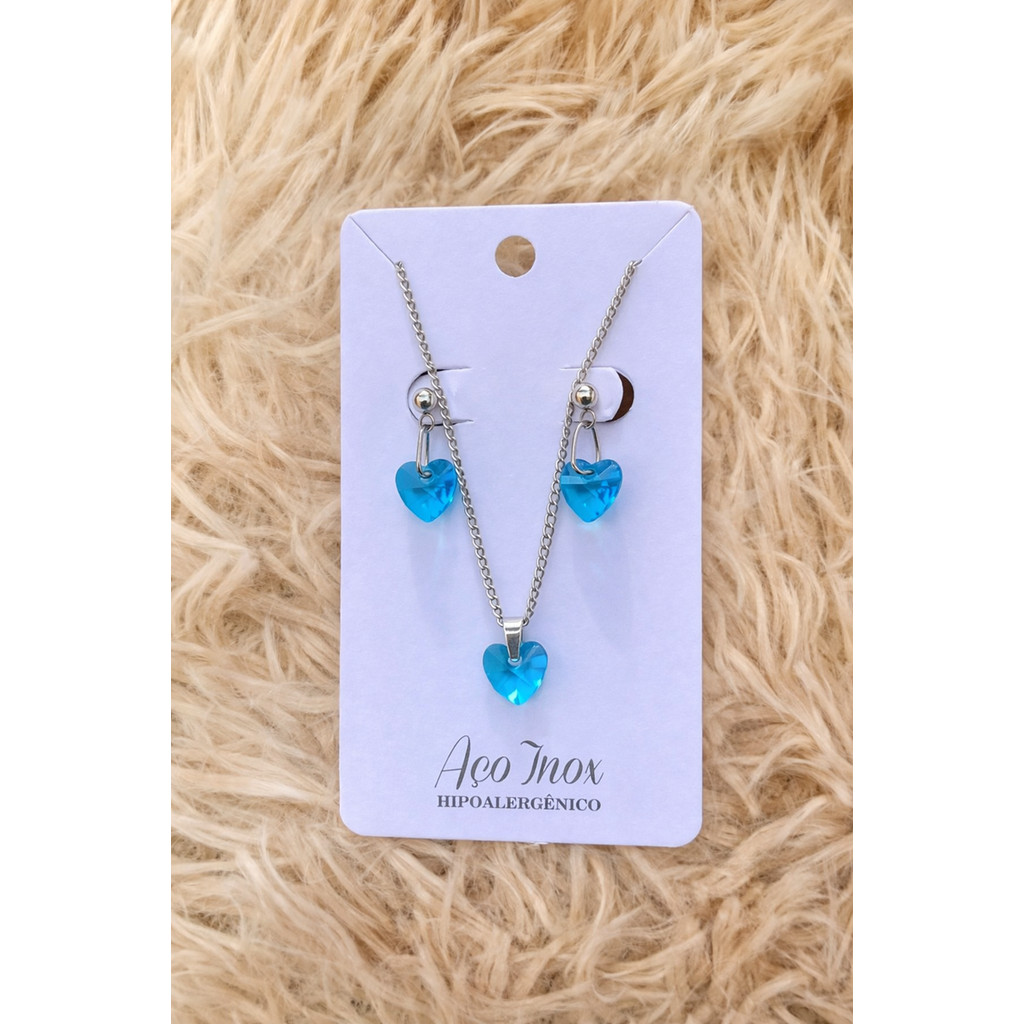 Conjunto Feminino Aço Inox | Colar + Brinco Coração em Zircônia Colorida | Ponto de Luz 10mm em Oferta na Shopee