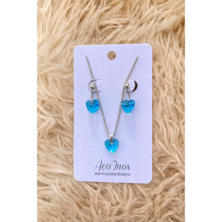 Conjunto Feminino Aço Inox | Colar + Brinco Coração em Zircônia Colorida | Ponto de Luz 10mm em Oferta na Shopee