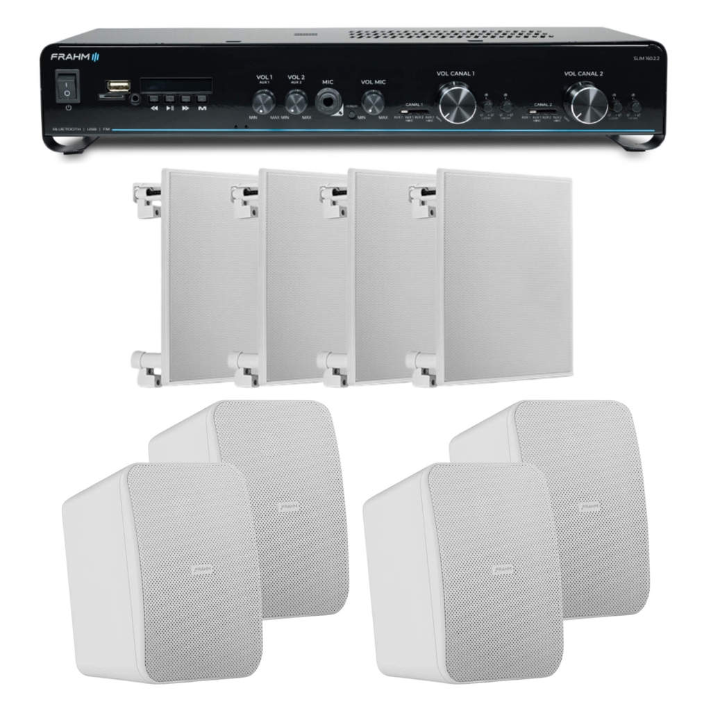 Kit Som Ambiente Posto de Gasolina Amplificador Slim + 4 Arandelas + 2 Pares de Caixa de Som