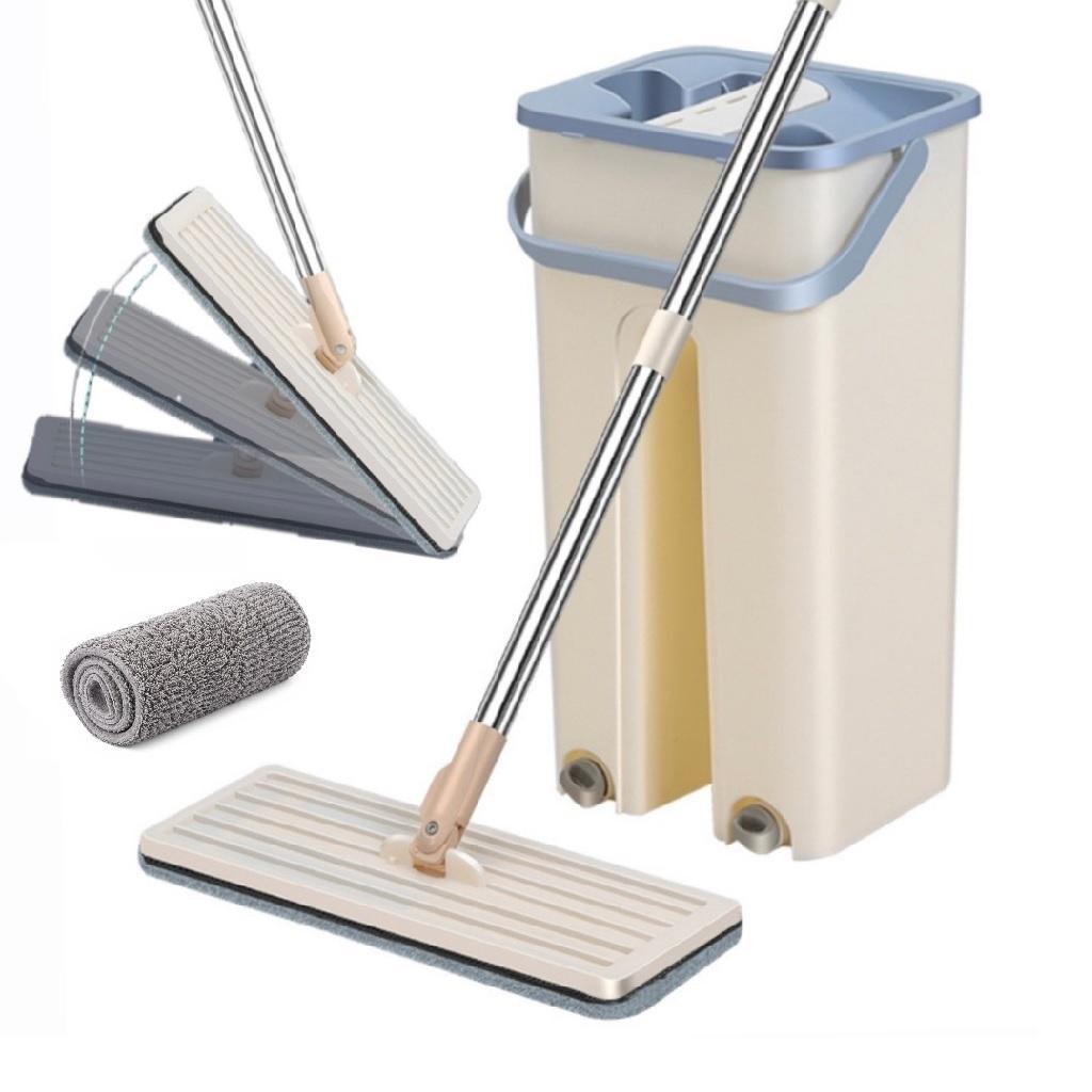 Mop Esfregao Flat Balde Duplo Rodo Magico Multiuso Cabo Extensivel Inox Refil
