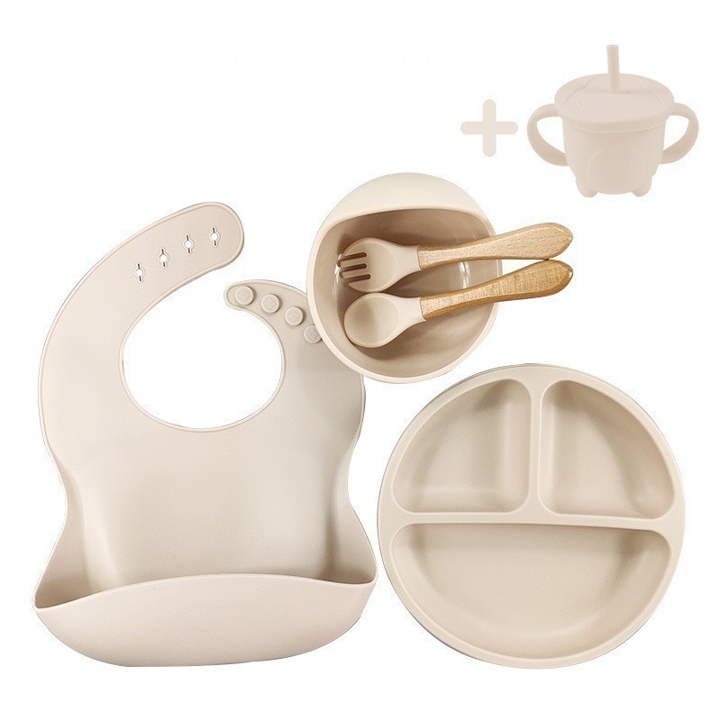 kit 06 peças de silicone talheres, prato, copo , tigela e babador em Oferta na Shopee