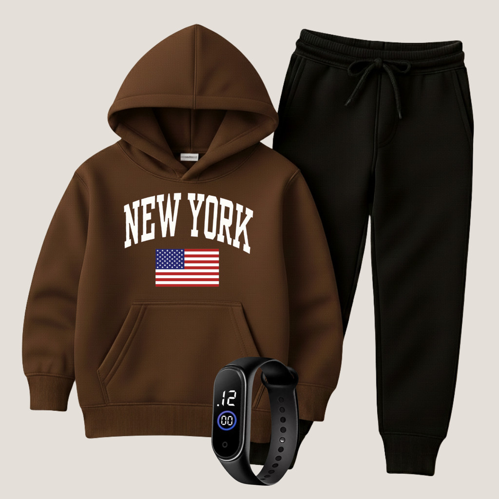 Conjunto Moletom Infantil Estampado New York Bandeira Blusa de Frio Canguru e Calça Flaneladas+ Relógio