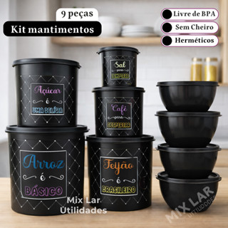 Kit de potes mantimentos de cozinha 9 peças plásticos decorado em Oferta na Shopee