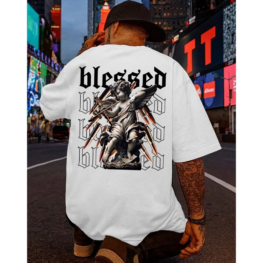 Camiseta Masculina Streetwear Anjo Abençoado Estampada Lançamento Camiseta 100% Algodão Camisetão - Excelencia