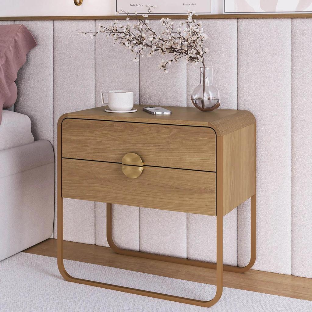 Mesa de Cabeceira Quarto 60cm 2 Gavetas Mario Hanover/Dourado A10 - Mpozenato
