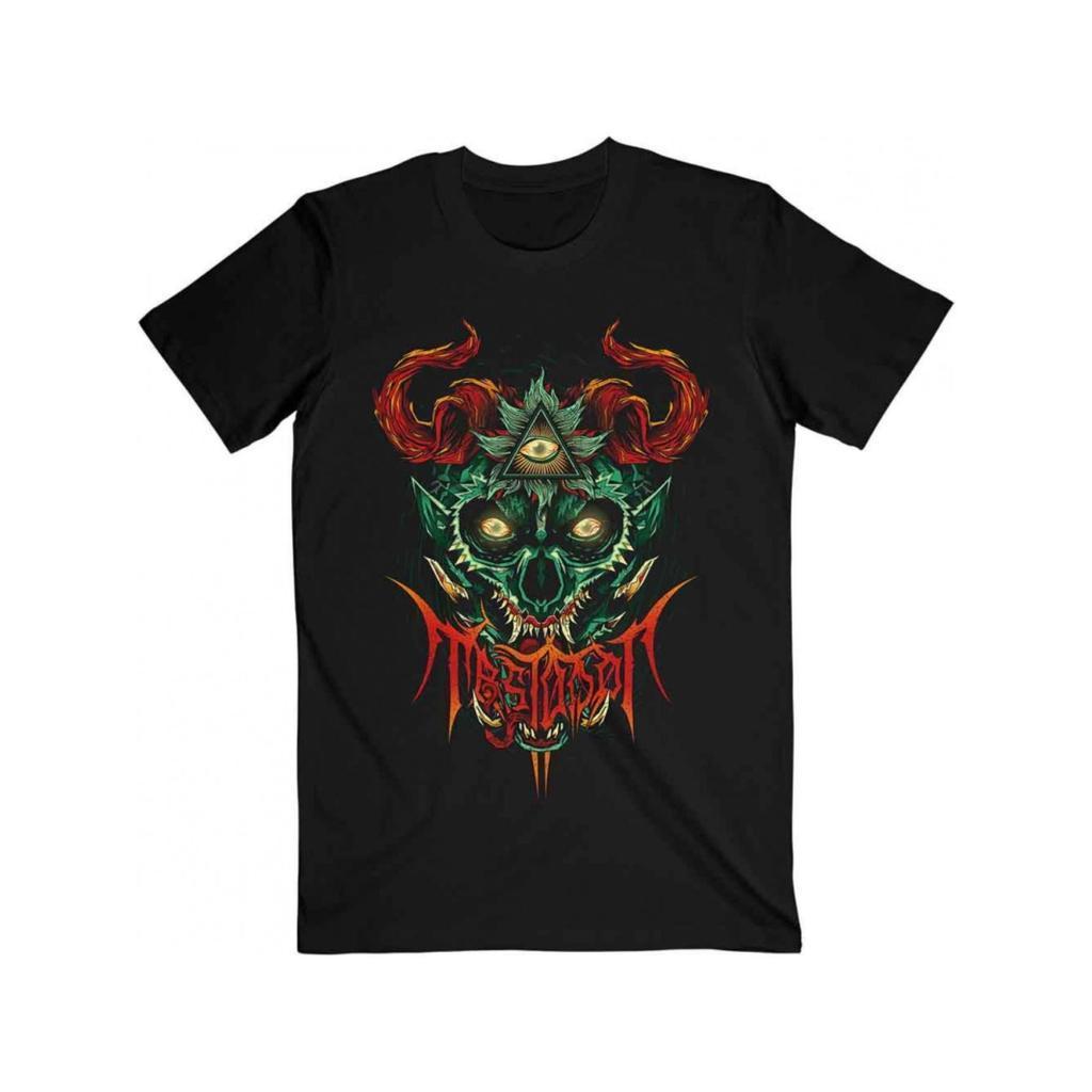 Camiseta Masculina Gótica de Banda Heavy Metal - Estampa com Olhos Vermelhos e Chifres, Pentagrama & Letras Misfit - Gol