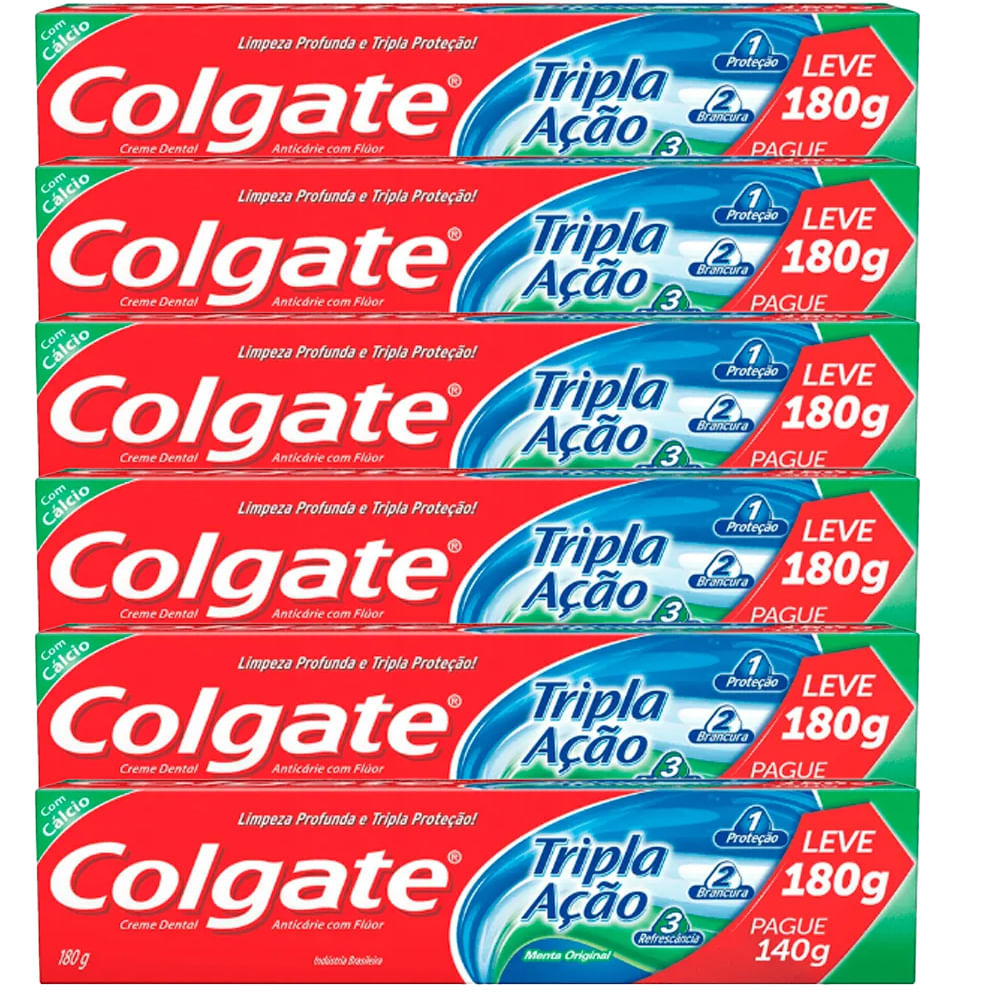 Kit Creme Dental Colgate Tripla Ação Leve 180g Pague 140g - 6 Unidades em Oferta na Shopee