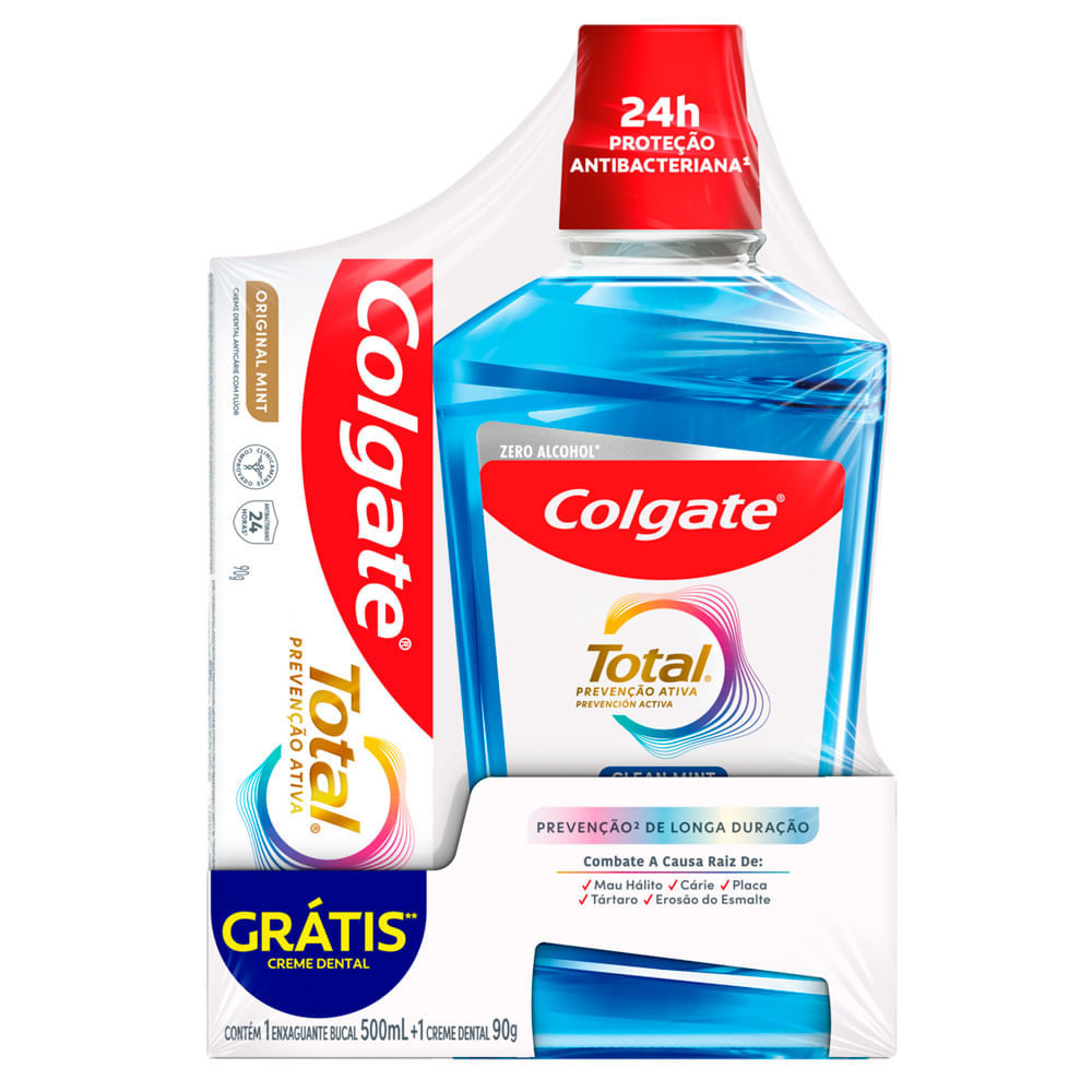 Kit Enxaguante Bucal Colgate Total Prevenção Ativa Clean Mint Zero Álcool 500ml e Ganhe Creme Dental Original Mint 90g em Oferta na Shopee