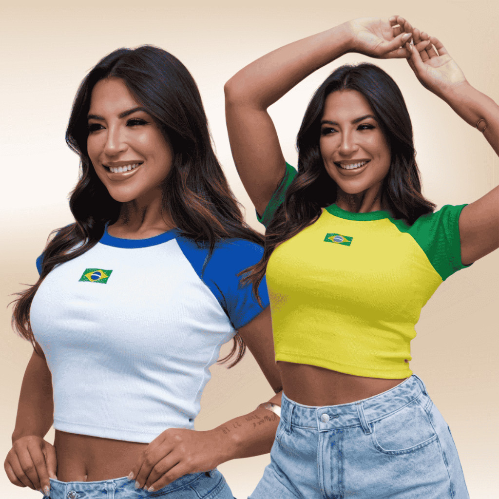 Cropped do Brasil Copa Baby Look Canelada Feminina Manga Curta Blusa Feminina do Brasil