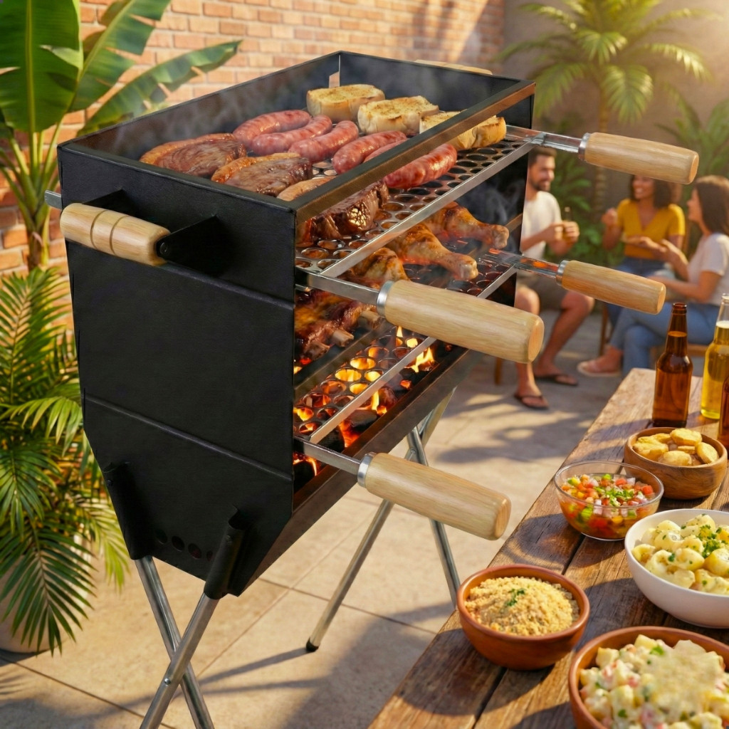 QUEIMA DE ESTOQUE! Churrasqueira a Carvão 105cm Com 2 Grelhas Inclusas em Aço Reforçado P/ Espetinho em Oferta na Shopee