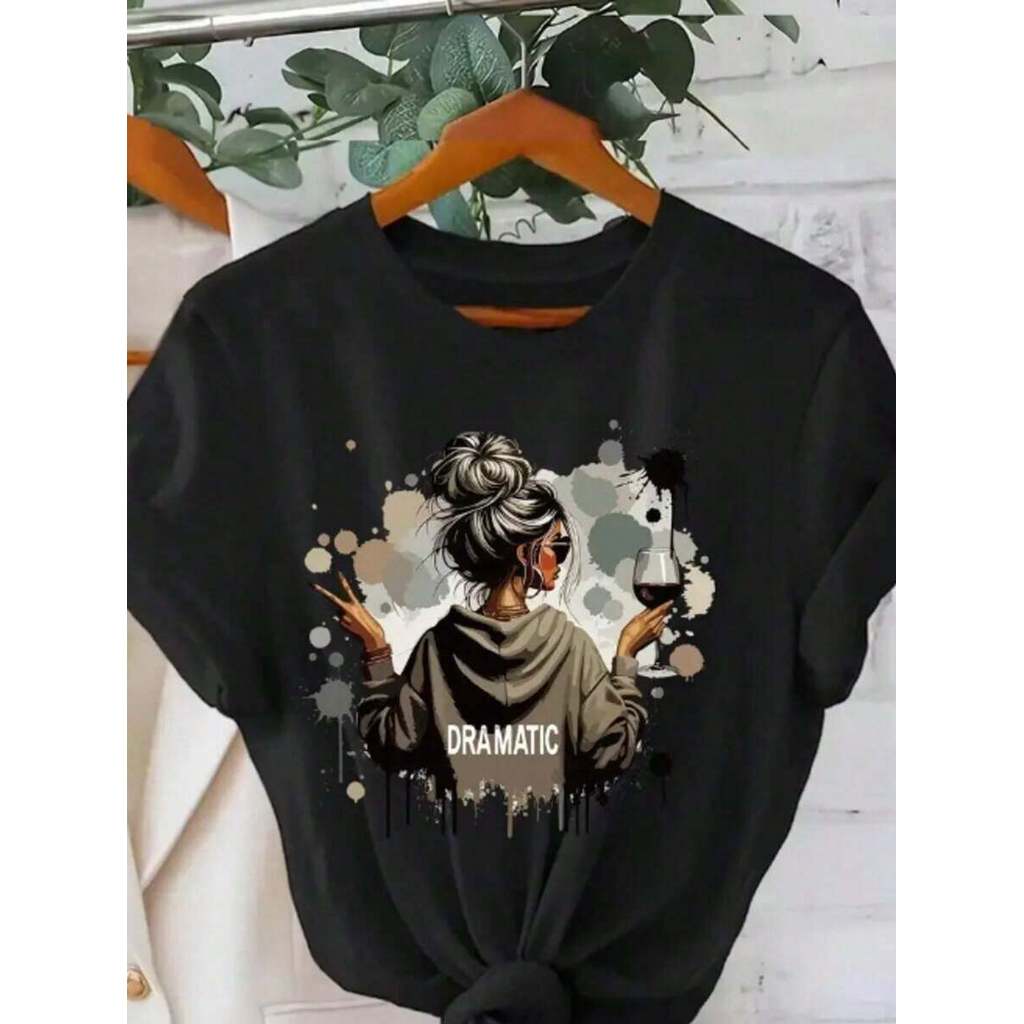 Camiseta Feminina de Gola Redonda Estampada, Moda T-shirt Feminina com Estampa Fashion de Desenho, Camiseta Casual 