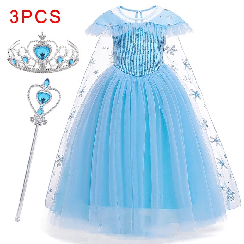 Vestido De Princesa Frozen Azul Para Meninas 2-10 Anos Tiara Fantasia