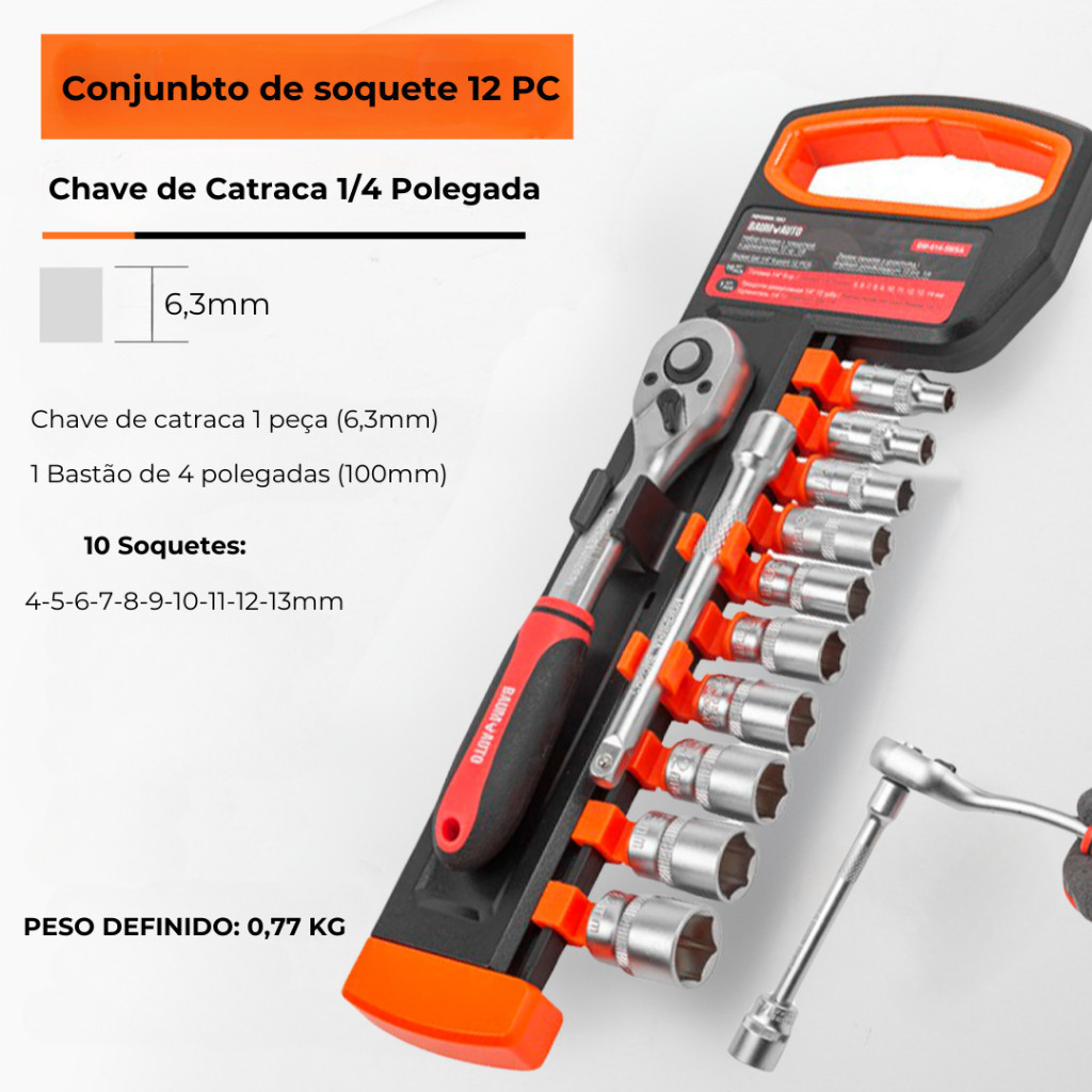 Jogo Soquetes Sextavados 12 Peças Chave Catraca Reversível Jogo Completo