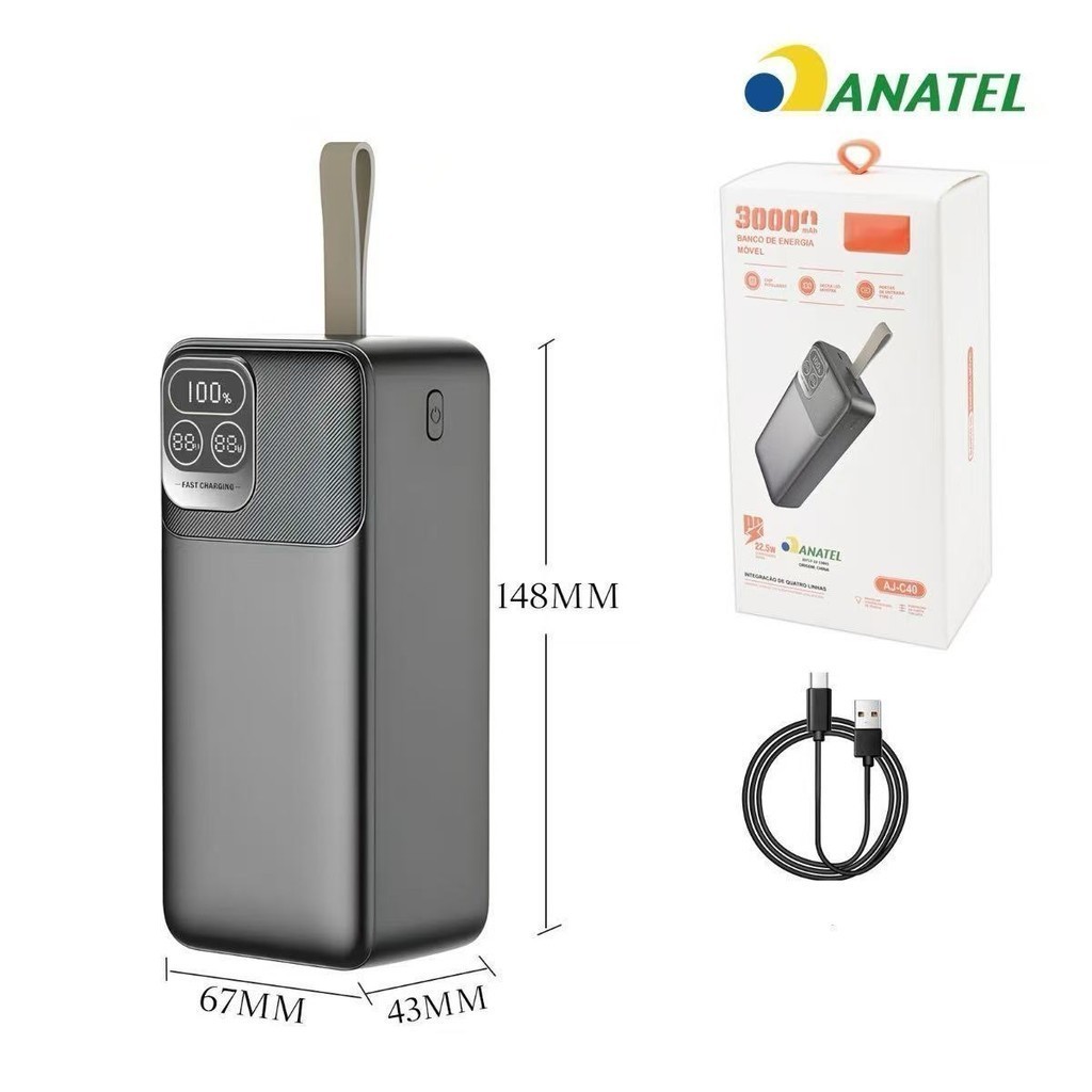 Power Bank 30000mAh Carregador Portátil PD 22.5W Carregamento Rápido USB Universal