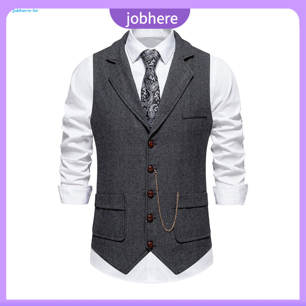 Chain Decoration Vest Polyester Waistcoat Men's Business Suit Sleeveless Lapel with 3d Pockets and Single Breasted Solid