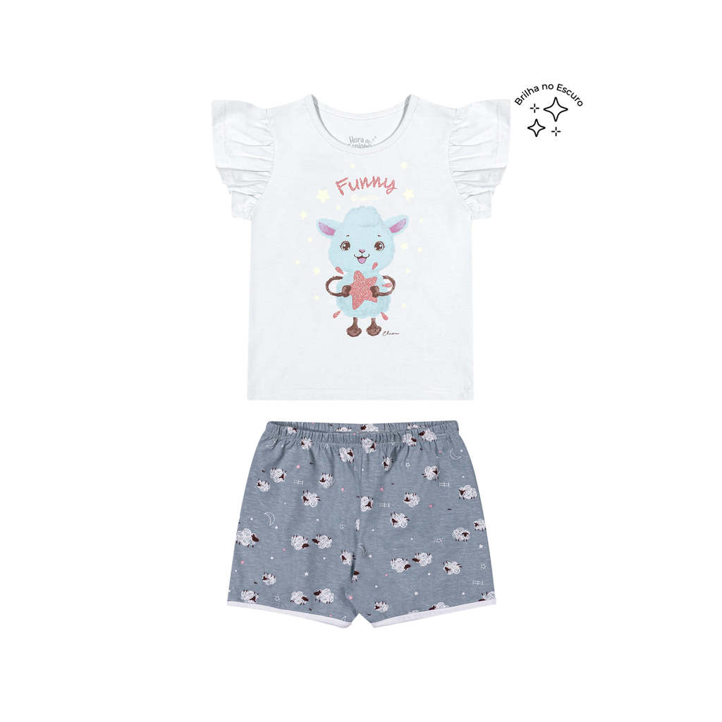Pijama Infantil Menina Ovelhinha Brilha no Escuro Elian Branco em Oferta na Shopee