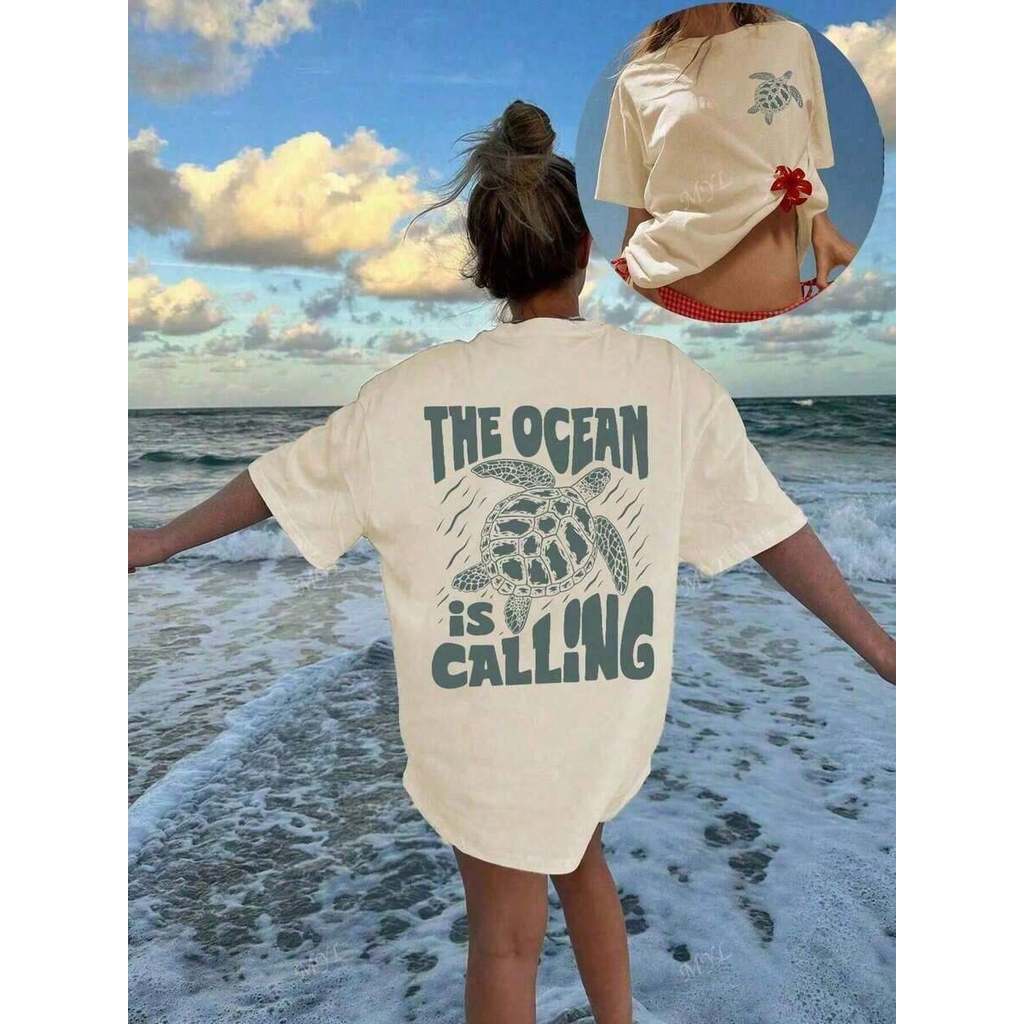 Camiseta Feminina Oversized Ombro Caído Tartaruga Oceano Verão Tropical Blusa Feminina Algodão Lançamento
