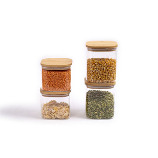 Kit Potes Hermeticos Vidro Quad Flat Bambu 800/600ml - 4 pçs Oikos em Oferta na Shopee