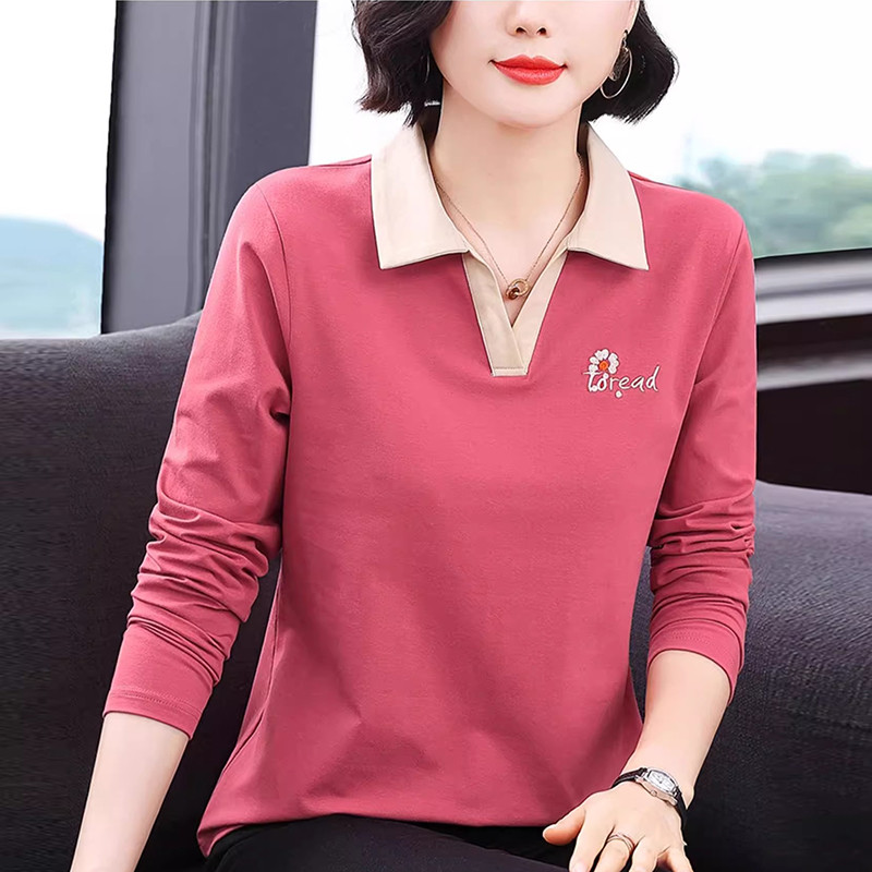 Lapela de manga comprida topo feminino solto mãe Wear 2026 novo estilo camisa de fundo primavera outono All-Match camisa