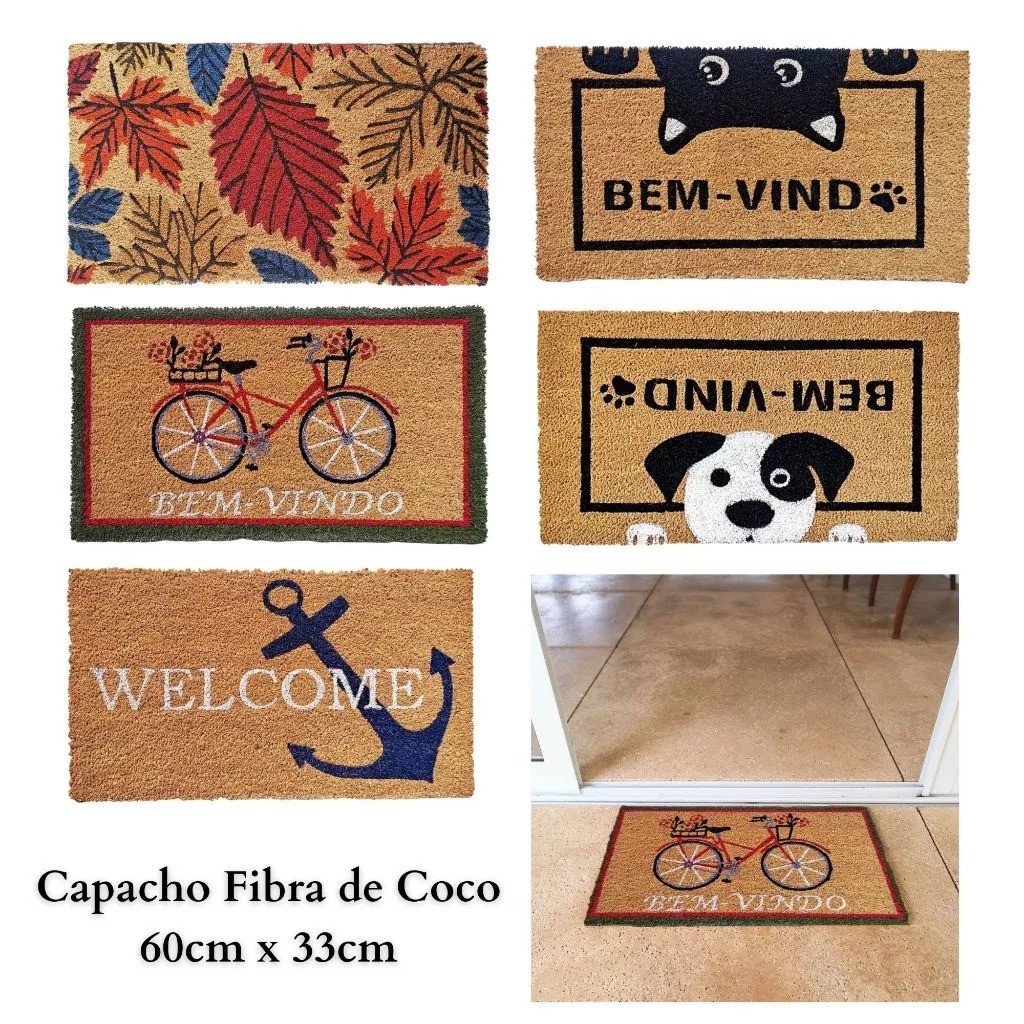 Capacho Tapete Fibra de Coco 60x33cm Porta de Entrada Retangular Uzoo Base Antiderrapante