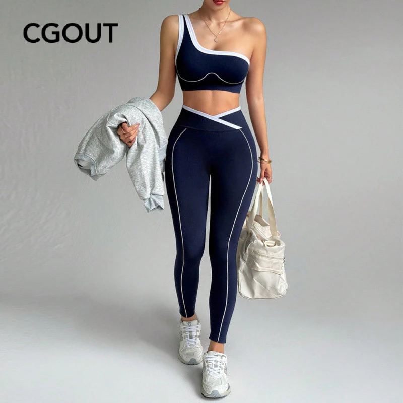 Cintura alta Hip Lift cintura cruzada Yoga terno contraste cor Diagonal sutiã esportes terno feminino — imagem 1
