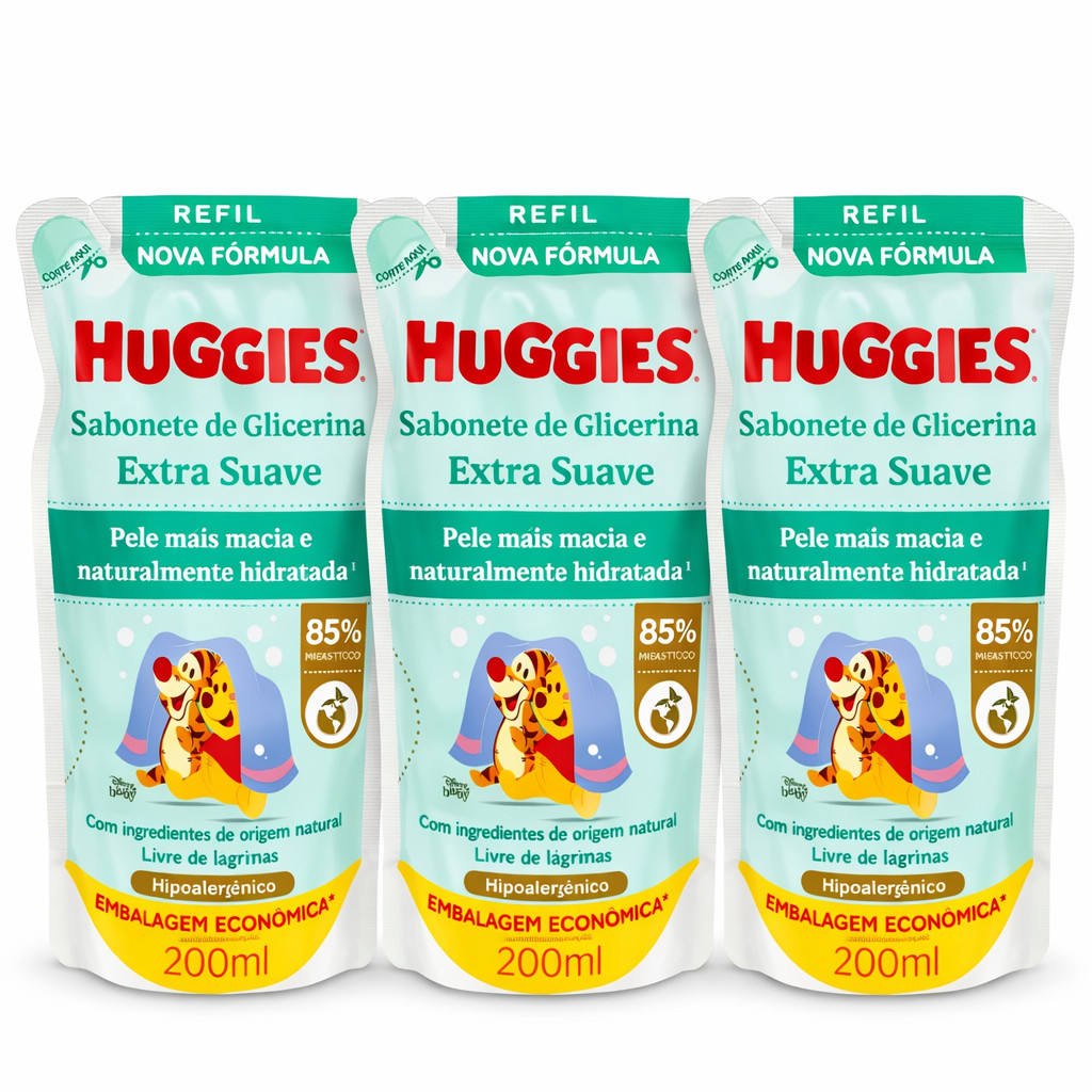 Kit c/3 Sabonete Líquido Infantil Huggies Extra Suave Refil 200ml - Hipoalergênico,Livre de Lágrimas