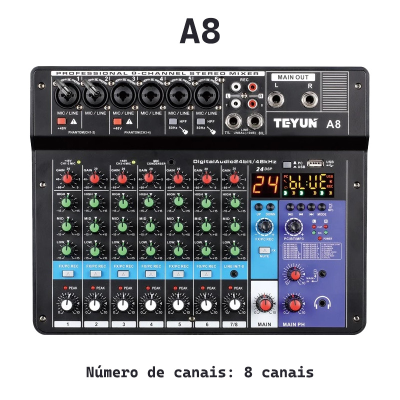 Console de mixagem TEYUN A8 de 8 canais com USB 48V e Bluetooth Mixer profissional para transmissão ao vivo em Oferta na Shopee