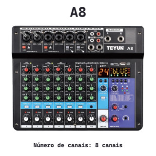 Console de mixagem TEYUN A8 de 8 canais com USB 48V e Bluetooth Mixer profissional para transmissão ao vivo em Oferta na Shopee