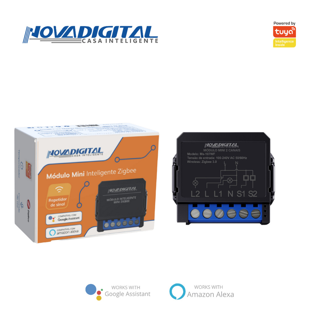 Interruptor mini relé Inteligente Zigbee 2 Canais Tuya Smart Life Alexa Smart Switch NovaDigital