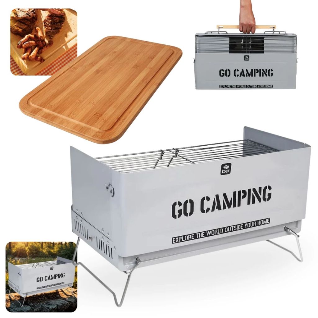 Kit Tábua Corte Carne Bambu 50x30cm + Churrasqueira Portátil To Go Vira Maleta a Carvão Camping Bbq