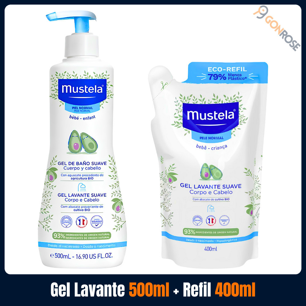 Kit com 1 Gel Lavante para Corpo e Cabelo Mustela Suave com 500ml + 1 Refil de Gel Lavante Mustela Suave com 400ml