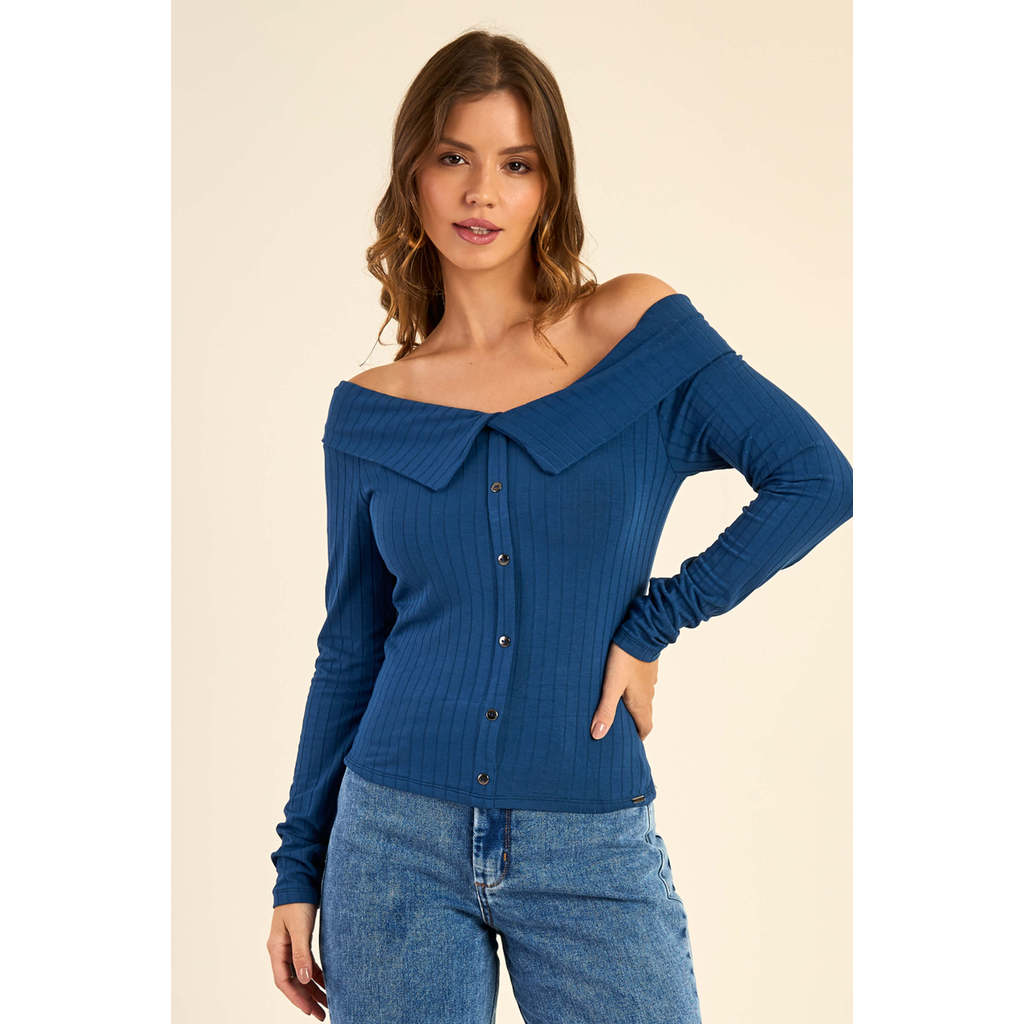 Blusa Feminina Canelada Ombro a Ombro Marialícia Azul