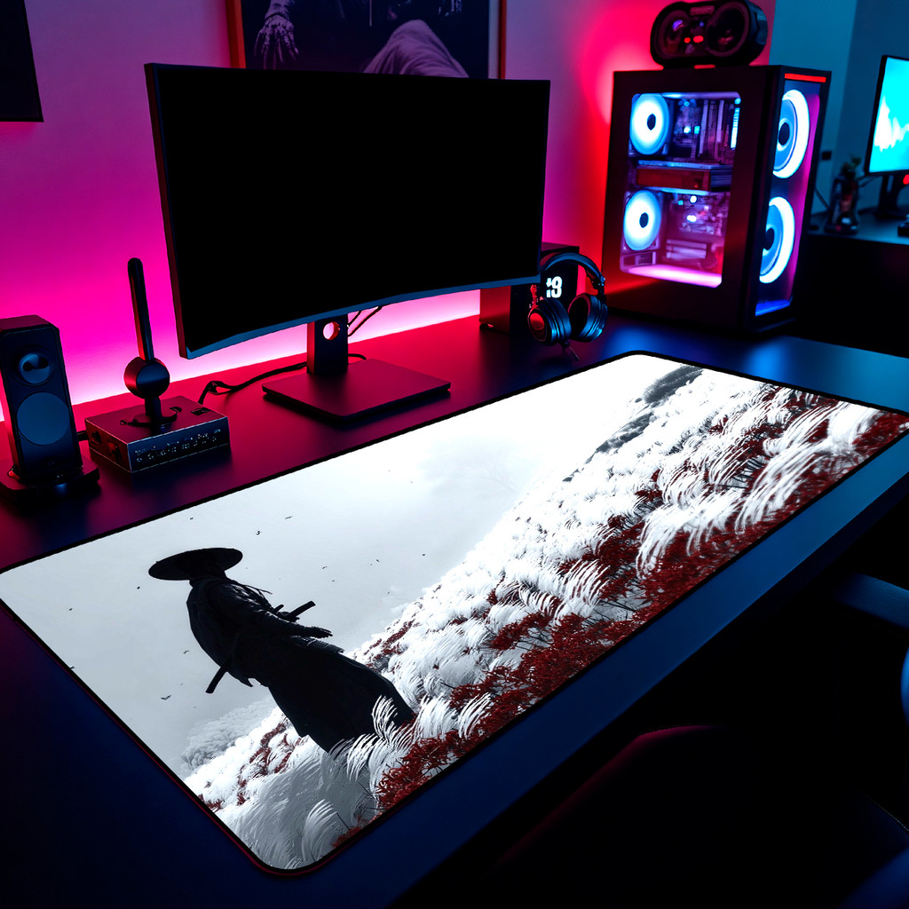 Mouse Pad Gamer Ghost Of Tsushima Samurai Campo 65x30cm 80x40cm 90x50cm 120x60cm Borda Costurada