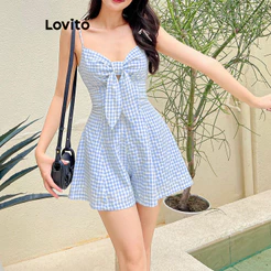 Lovito Curto Casual Macacão Xadrez Jacquard Com Cadarço Para Mulheres Bordado L104ED568
