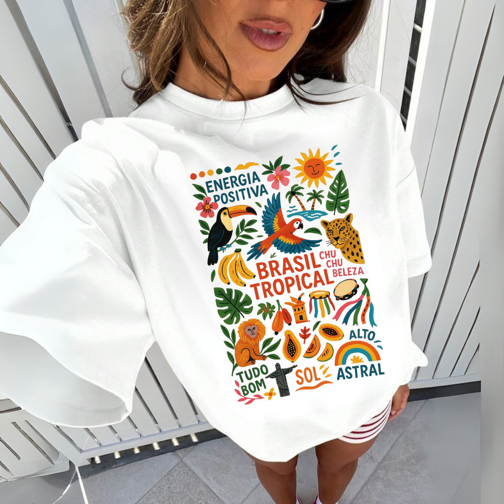 Camiseta Feminina Farm Brasil Inspiração Algodão Oversized 100% Moda Verão Tendência Camisa Tropical