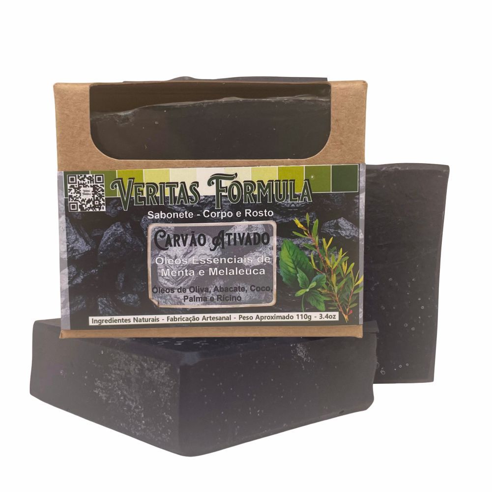 Sabonete Artesanal de Carvão Ativado  Óleos Vegetais, Óleos Essenciais de Melaleuca e Menta, Carvão, Argila Preta