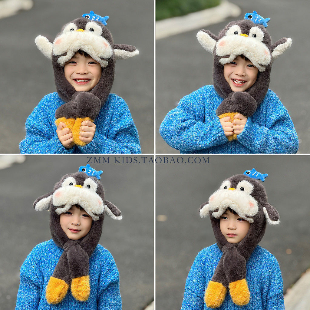 Chapéu de pinguim cachecol uma crianças 2025 novo estilo inverno pitada orelhas movendo babador meninos meninas inverno