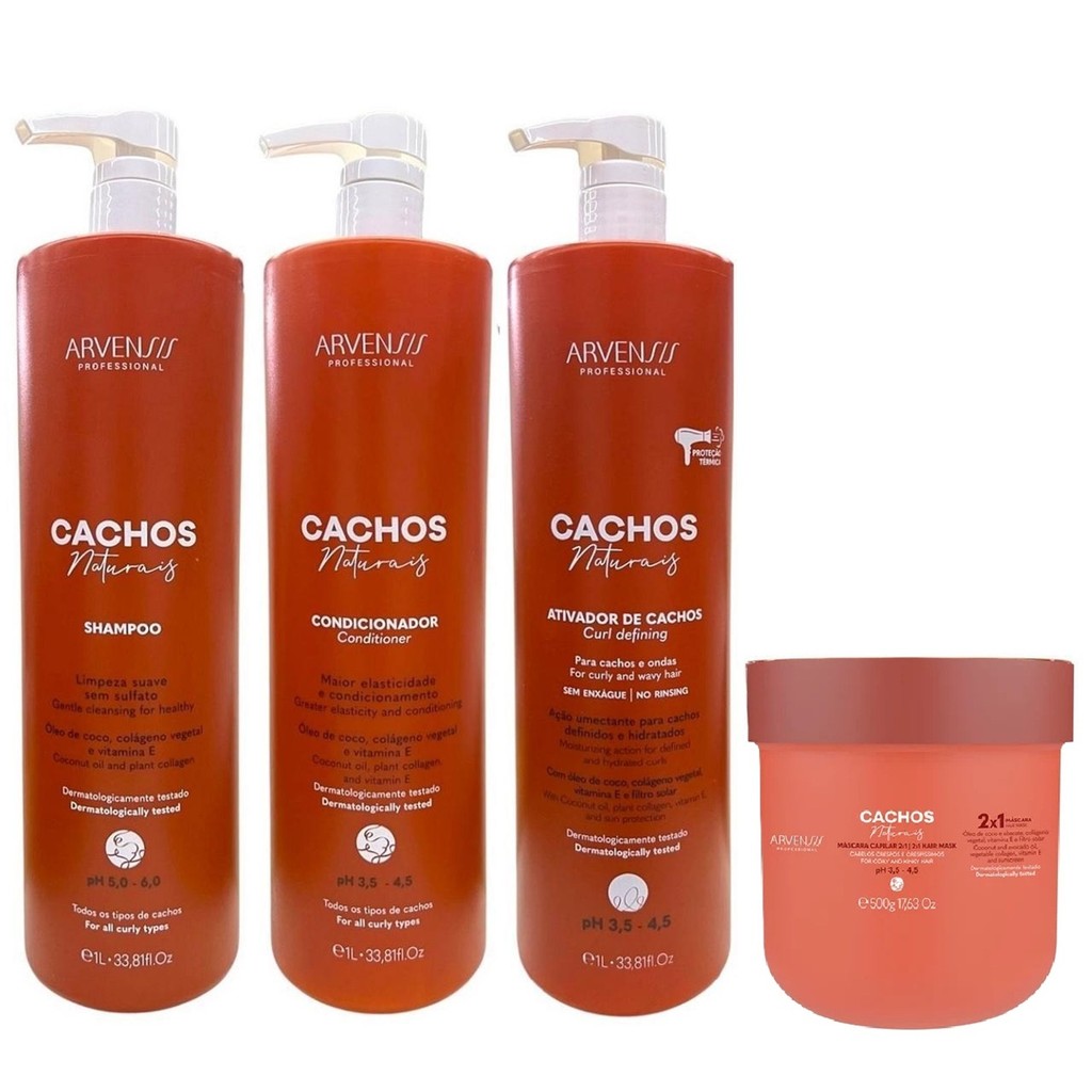 Kit Arvensis Cachos Naturais - Shampoo 1L + Condicionador 1L + Ativador de Cachos 1L + Máscara Capilar 2x1 500g