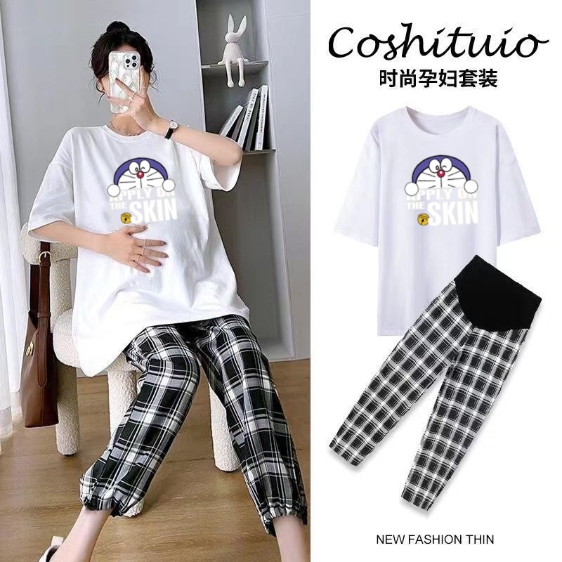 Roupa de maternidade terno de verão puro algodão topo feminino exterior usar camiseta de manga curta capa solta carne ma