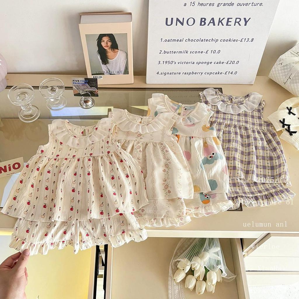 Bonito Sem Mangas Topo + Shorts Bebê Menina Conjunto De Duas Peças Verão Novas Roupas Infantis Doces E Fofas (9 Meses A
