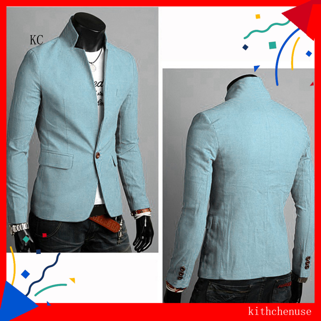 [KC] Masculino Outono Cor Sólida Lapela Gola Botão Bolsos Decoração Casaco De Negócios Blazer
