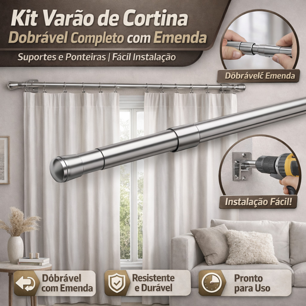 Kit Varão de Cortina Ajustável Completo com Emenda | Suportes + Ponteiras | Fácil Instalação