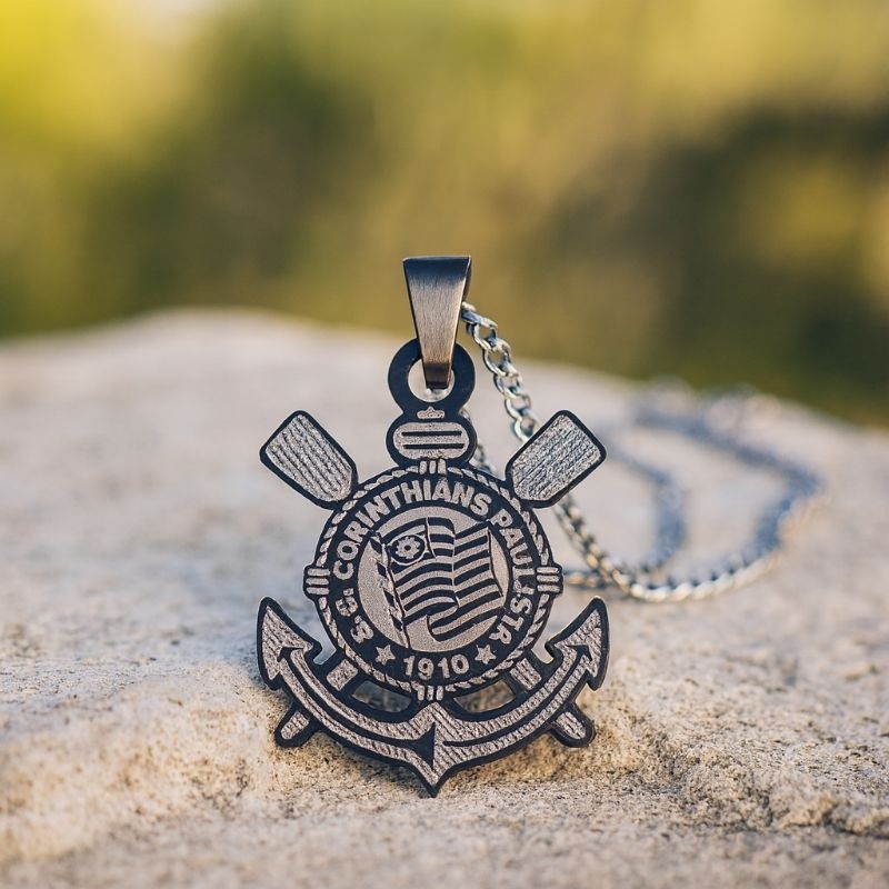 Colar Corinthians Aço Inox Masculino Pingente Escudo Time Futebol Hipoalergênico