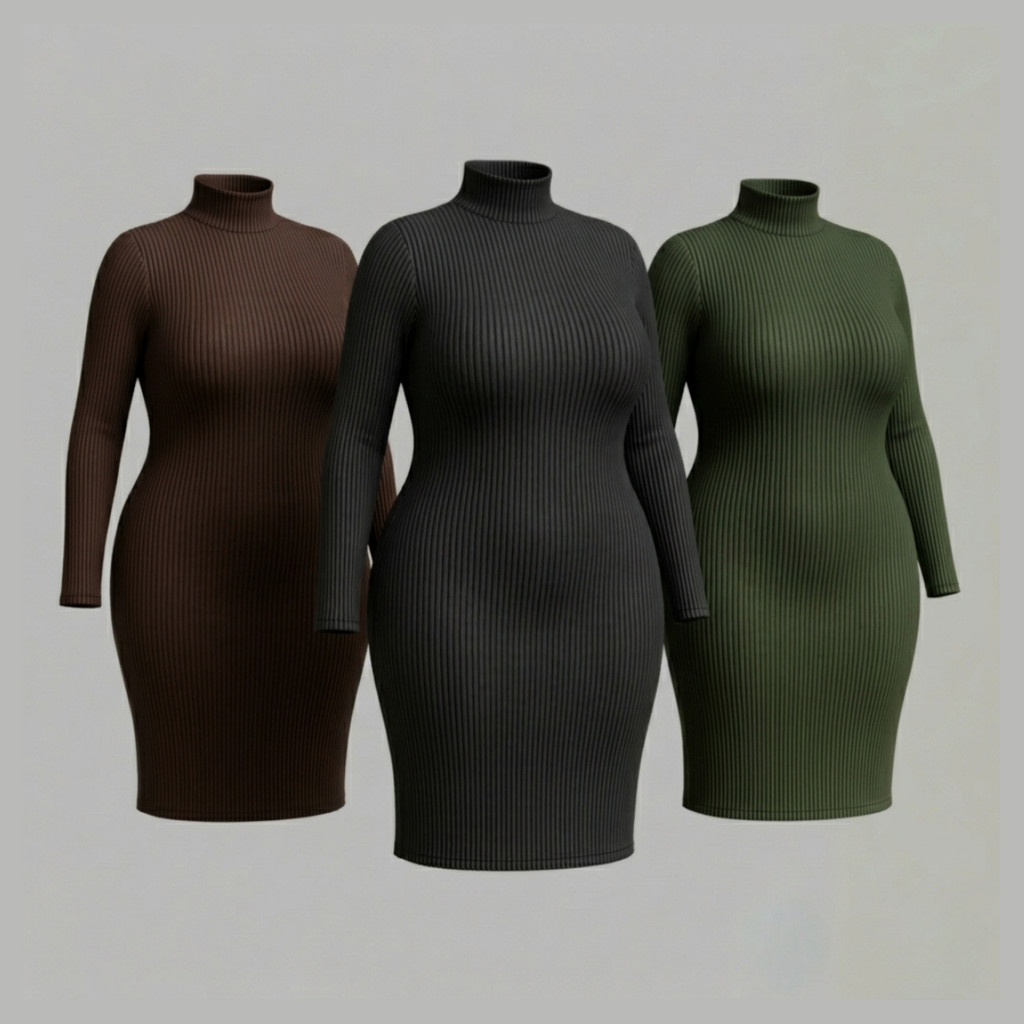 Vestido Plus Size Midi Canelado Manga Longa Gola Alta Confortavel Modelador Tubinho Blogueira