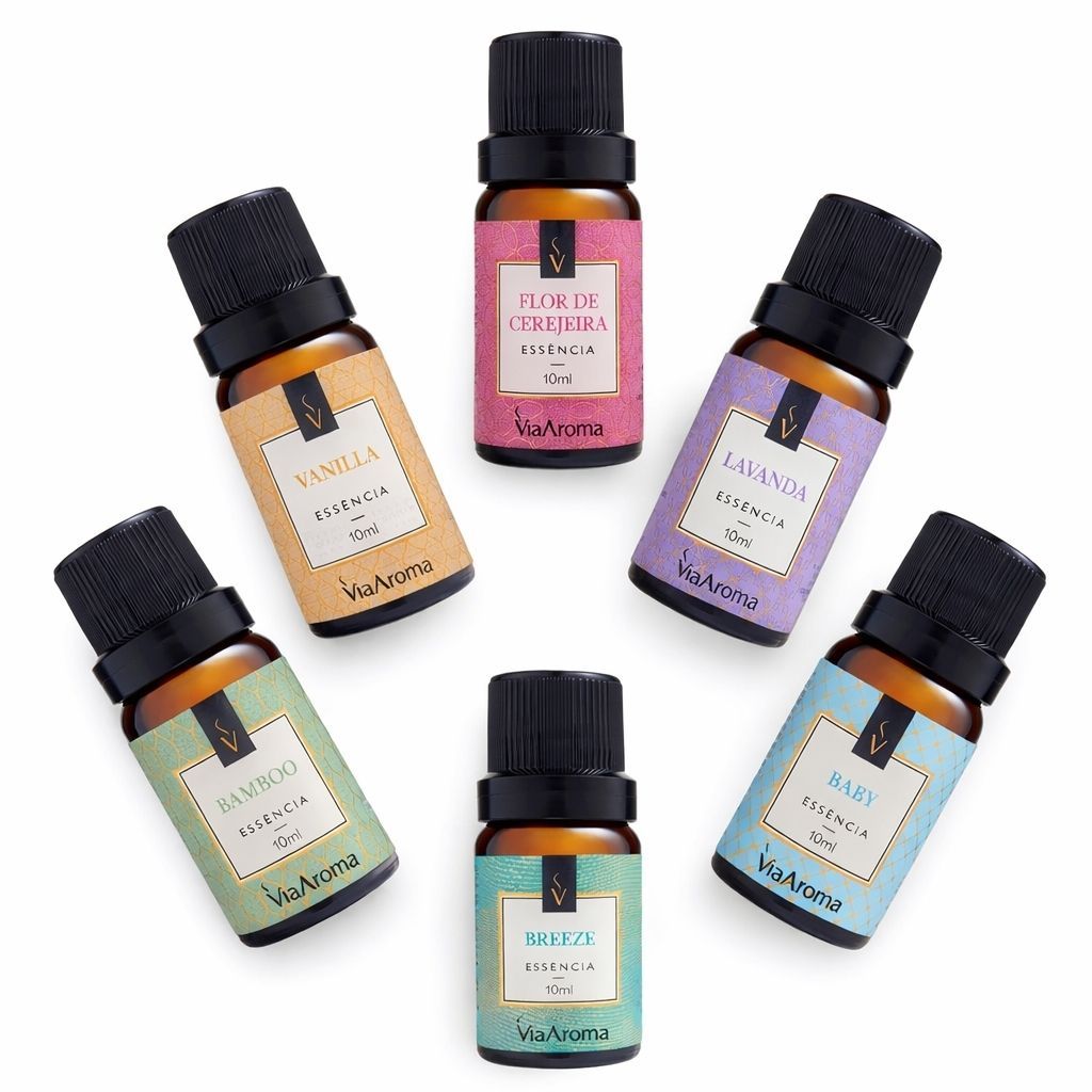 Kit 6 Essências 10mL Família Via Aroma Premium - Vanilla, Bamboo, Flor de Cerejeira, Lavanda, Baby e Breeze