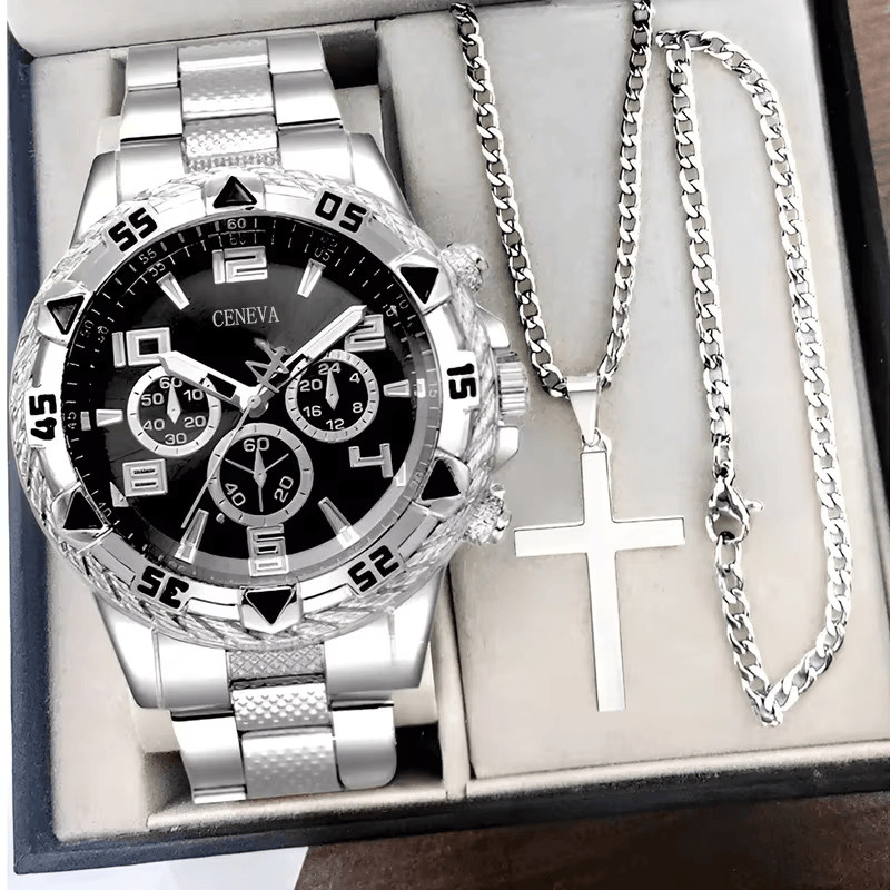 Kit Relógio Masculino Aço inox c/ Corrente + Pulseira e Pingente crucifixo em Oferta na Shopee